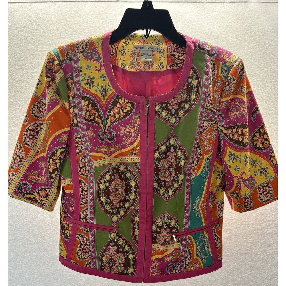 PETER NYGARD WOMEN'S ZIP FRONT JACKET SIZE 10 MULTI COLOR COTTON BLEND LINED